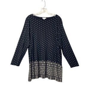 J.Jill Womens 2X Black & White Polka Dot Long Sleeve Tunic Top With Border Print